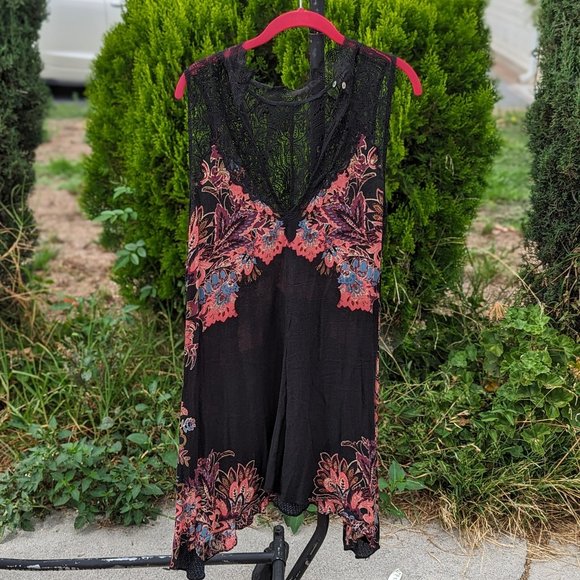 FREE PEOPLE Marsha Black Printed Lace flowy Slip Dress womens size Lg GUC - Picture 2 of 10
